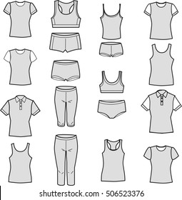 Icons with gray fill. Vector illustration. Set of women's underwear on a white background
