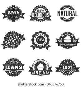 Icons in gray label, quality, template labels for retail and design. Vector illustration, isolated on a white background