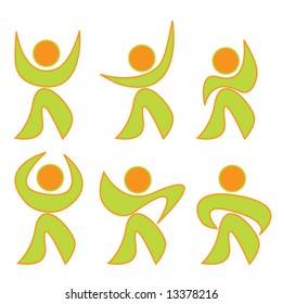 Die Symbole sind in Grün- und Orangentönen gehalten. Vektorgrafik.