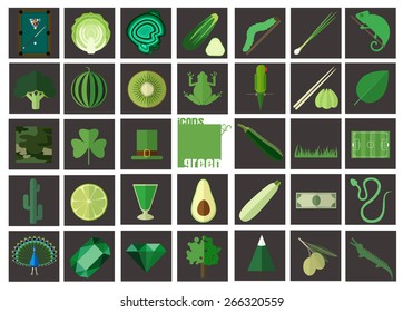 Icons of green. Set of flat icons in green color. Icons of food, nature and other objects associated with orange color.