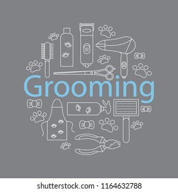 Icons for grooming in the line style. Tools and accessories for the groom. A round banner of icons for caring for animals. Vector illustration.