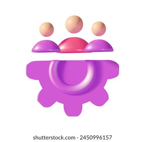 Icons of a group of people above a large gear. The concept of teamwork, team management and partnership. 3D vector illustration. Cartoon minimal style.