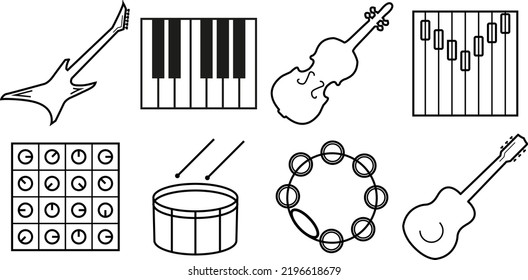 Symbole von Gitarre, Klavierschlüsseln, Violine, Equalizer, Mixer, Trommel, Tambourin und E-Gitarre