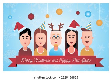 Icons of guys and girls in festive headdresses in flat design style can be used as a Happy New Year and Christmas greeting, as an invitation to the Christmas and New Year's party in the office.