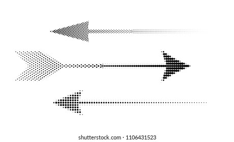 Icons of halftone arrows. Set of abstract vector arrows from dots isolated on white background.