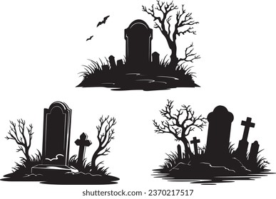 Icons for Halloween: Gravestone, Headstone, and Tombstone in Vector Silhouettes. Christian Cemetery Monuments with Tomb Stones for Funeral Grave Burial and Graveyard Tombstones