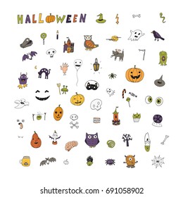  icons and halloween objects vector doodle cartoon set