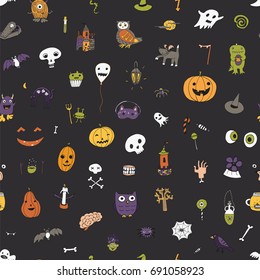 icons and halloween objects vector doodle cartoon seamless pattern