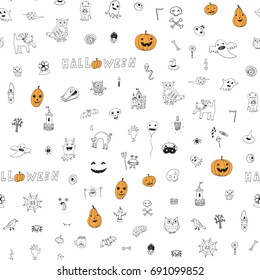 icons and halloween objects vector doodle cartoon seamless pattern