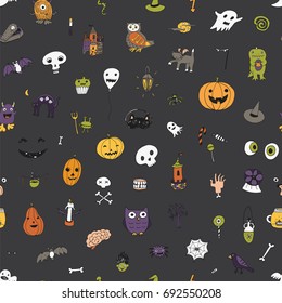 icons and halloween objects vector doodle cartoon seamless pattern