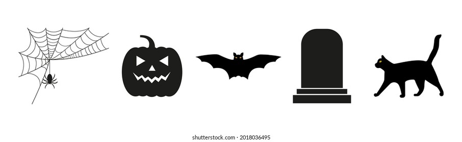 Icons for Halloween. Pumpkin, cobweb, bat, cat and tombstone. Vector graphics