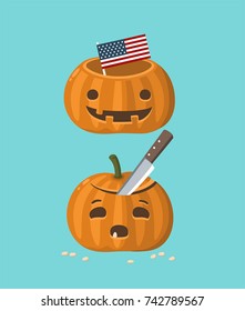 Icons of Halloween pumpkins. Pumpkin with a stabbed knife and a pumpkin with the American flag.