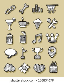 Icons Hand Drawn 3  Good use for your web site icons  Easy to use  Icons : recycle bin  restaurant symbol  speech bubble  heart  gift  trophy  sun  cloud  ice cream  coffee  etc 