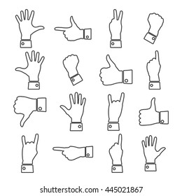 Icons hand gestures, gray isolated on white background of thin lines, vector illustration.