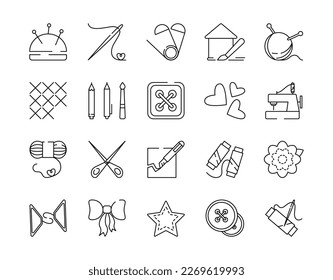 Icons hand made set. Collection of minimalistic graphic elements for website. Sewing and drawing, knitting, machine for needlework. Cartoon flat vector illustrations isolated on white background