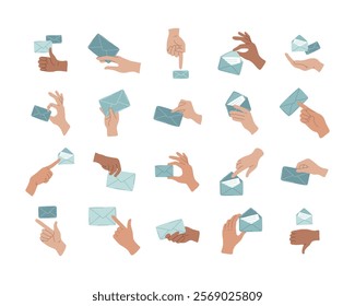 Icons of hands holding mail envelopes. Send and receive paper information, message, notification, invitation. Communication with writing letter. Isolated vector illustration