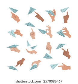 Icons of hands holding paper plane. Sending and receive information, message. Startup business, target. Dreams, freedom, idea. Isolated vector illustration