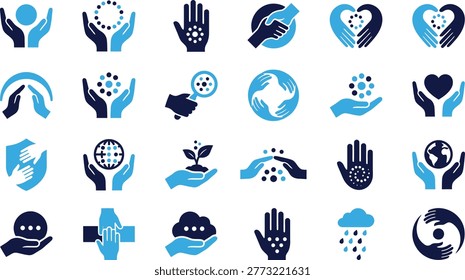 Icons of hands showing care, support, and community. Symbols for health, protection, and giving.