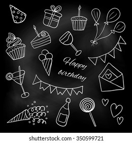 Icons "Happy Birthday". Sketch. Vector illustration. White chalk on a blackboard. Doodles. Balloons, cakes, gifts, crackers, cupcakes, cocktails, ice cream