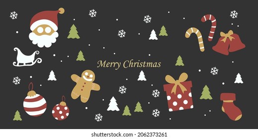 Icons of Happy New Year and Merry Christmas. Pattern flat design vector.