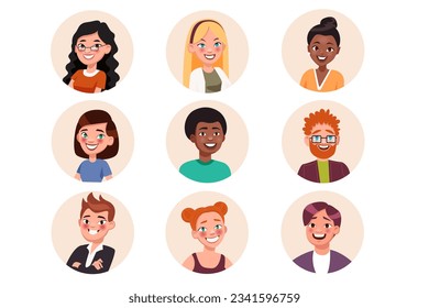 Iconos felices personas de diferentes razas al estilo de dibujos animados planos. Imágenes de avatares de personas de diferentes nacionalidades en el mismo fondo. Ilustración vectorial.