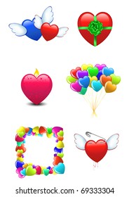 Icons  of Happy Valentines day isolated on white. Candle shape of heart, Frame,  bunch of  cartoon heart balloons,  hearts with wings, green ribbon and pin.