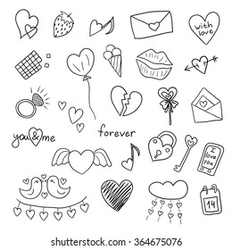 Icons "Happy Valentine's Day". Sketch. Vector illustration on white background. Doodles