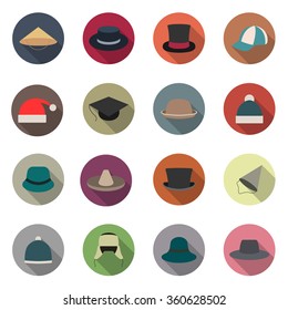 Icons hats with a long diagonal shadow isolated on white background, flat style, vector illustration.