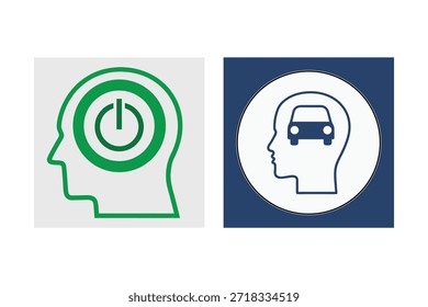 Iconos de la cabeza con el Botón de energía y el coche dentro de pensar y conceptos de conducción