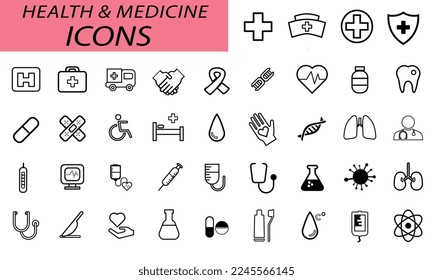 íconos de salud, medicamentos y otros suministros hospitalarios. vector, ilustración