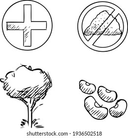 icons of a health symbol, sugar, a tree and soy beans. made in vector