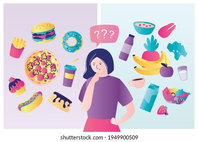 Icons of healthy food and fastfood. Cute woman chooses between healthy and unhealthy food. Different sweets and snacks. Various vegetables. Healthcare, nutrition concept. Flat vector illustration