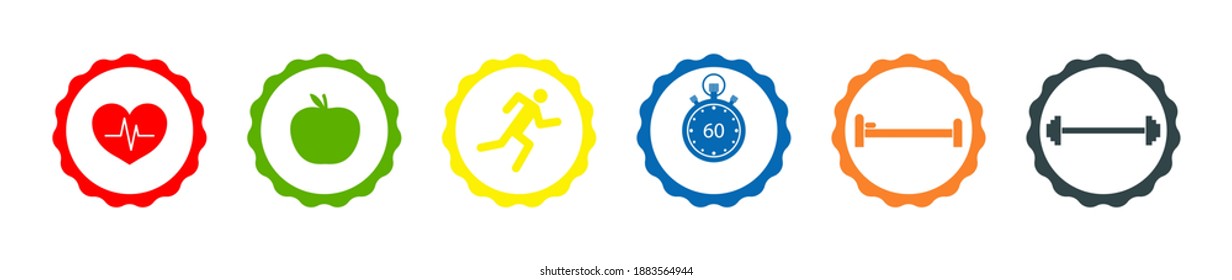 Icons of healthy life. Lifestyle with run, health eat, exercise in gym, dumbell and sleep. Measure weight and loss fat. Watch calories in eat. Infographic for fitness, heart and active body. Vector.