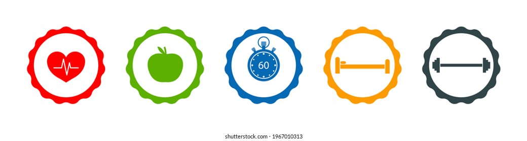 Icons of healthy life. Lifestyle with run, health eat, exercise in gym, dumbell and sleep. Measure weight and loss fat. Watch calories in eat. Infographic for fitness, heart and active body. Vector.