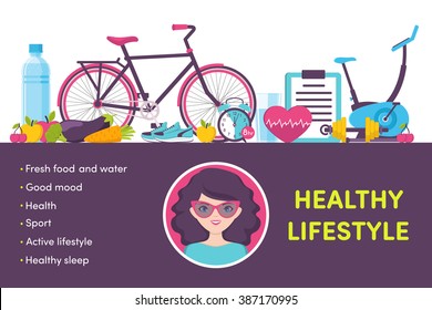 Icons healthy living, sport, food, clock, woman portrait