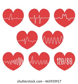 Icons with heart - cardiology, heart-condition of the normal ECG, atrial ischemia, atrial fibrillation, normal pressure, tachycardia