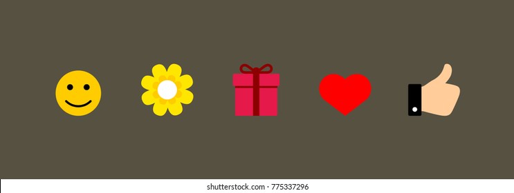 Icons heart, like, smile, gift, flower on brown background