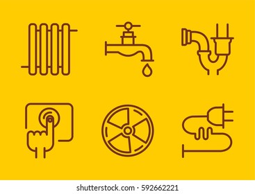 Icons of heating, ventilation, water supply and sanitation on a yellow background