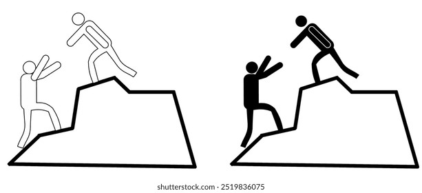 icons Helping a friend to reach the top of the mountain. Vector illustration.