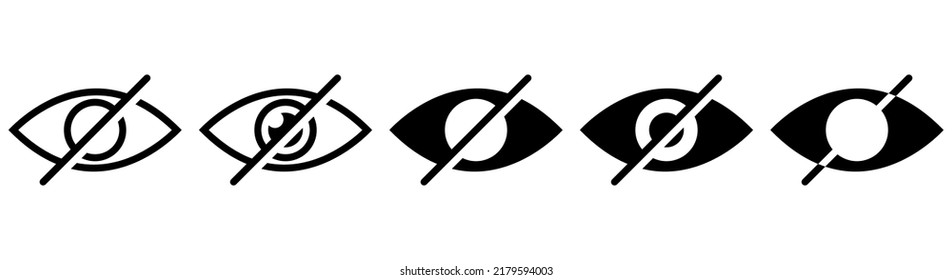 Icons hidden from view, set of invisible symbol. No eye. Black crossesd eyeball icon. Vector illustration