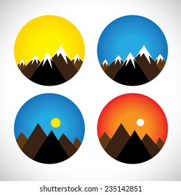 icons of hills & peaks with snow in evenings, mornings - concept vector graphic. The graphic can also represent mountain ranges like the himalayas, andes, alps and also adventure sports & activities