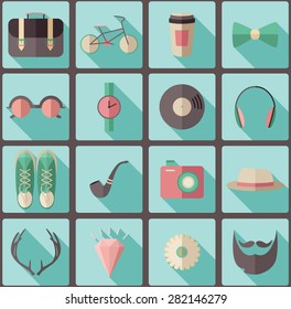 Icons of hipster elements. Long shadows