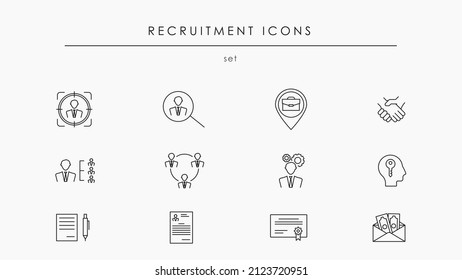 Icons for hiring. Recruitment icon set. Talent search design elements. We are hiring icon collection. Job interview line symbols. Editable stroke. Leadership and teamwork symbol set vector