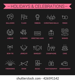 Icons of holidays and celebrations. Linear. White and pink.