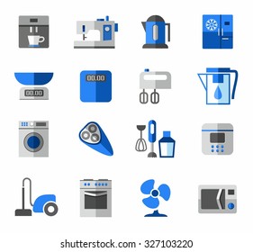 Icons, home appliances, color, blue, grey. Colored flat icons household appliances, electrical appliances and electronics.  