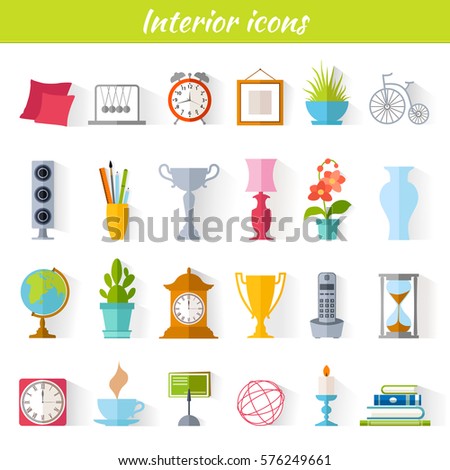 Icons of home decor, interior accessories and souvenirs. Set of vector pictogram for web design.