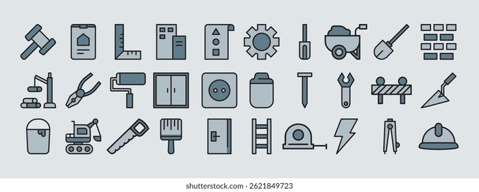 Icons of Home Renovation and Improvement Tools Including Hammer, Screwdriver, and Paintbrush in a Collection Set for Construction and Design Projects
