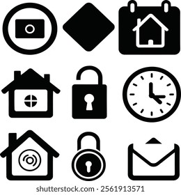 Icons for Home, Search, User Profile, Settings, Notifications, Messages, Calendar, Camera, Trash, Lock, Location, Phone, Bookmark, Upload, Download, Share