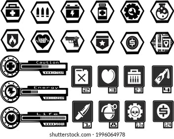 Iconos para el juego de terror.arte vectorial
Iconos de inventario para juegos de terror, armas, vidas, artículos.