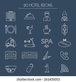 Icons of hotel service. Thin white line icon. Hotel glyph. Vector illustration